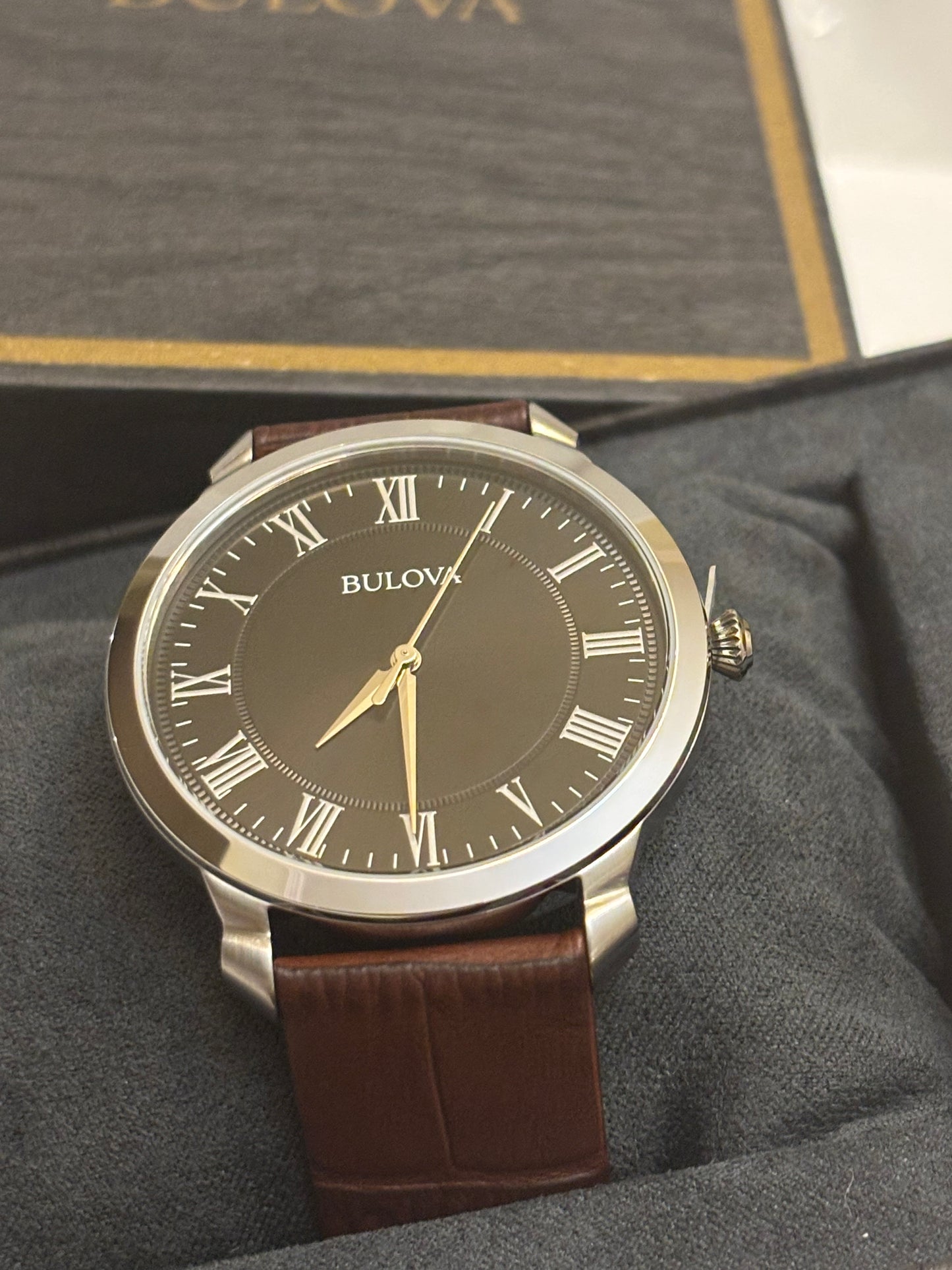 Bulova Classic 96A184 Men’s Black Dial Roman Numeral Brown Leather Watch