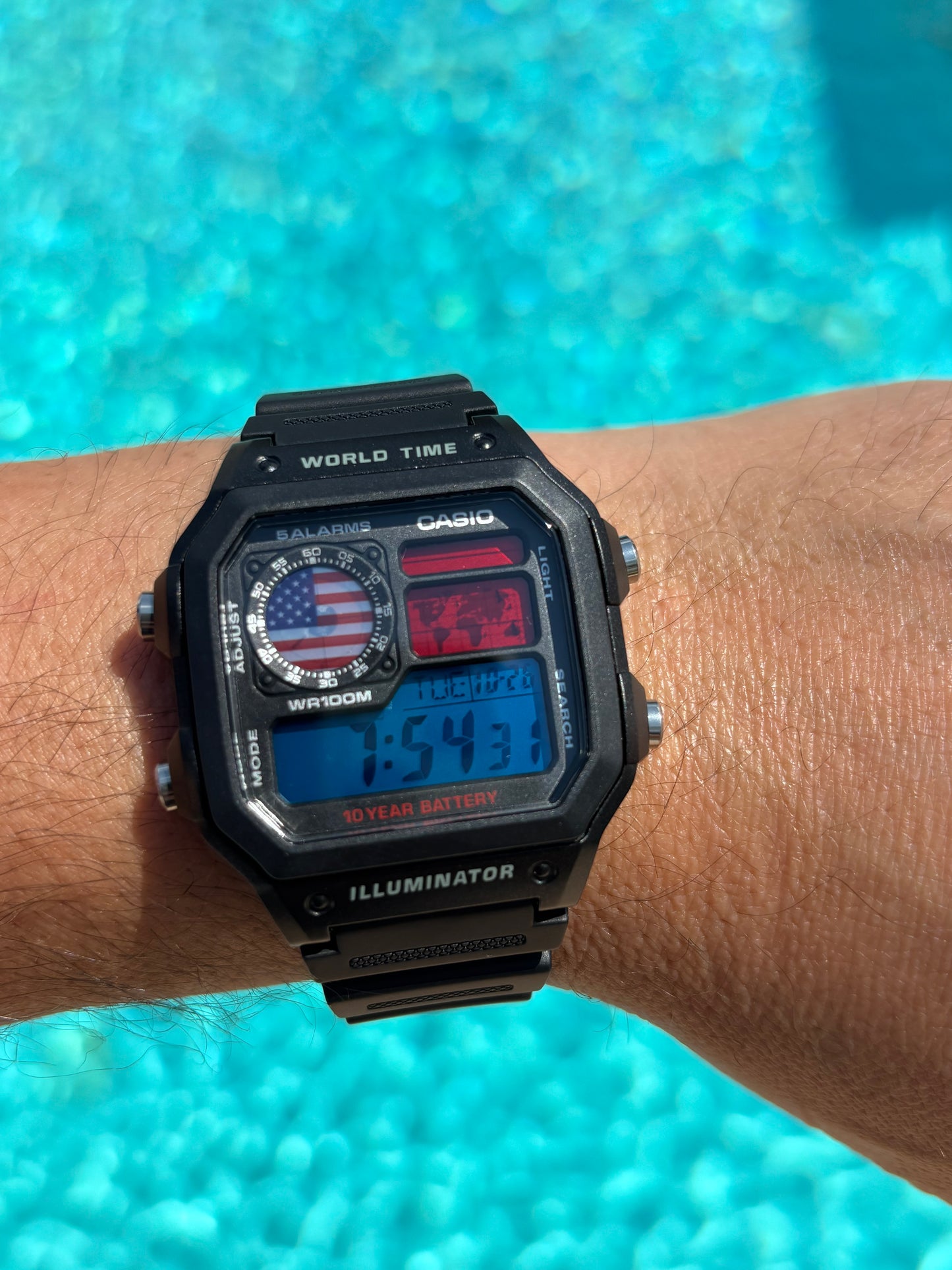 Custom Casio AE-1200 “World Time” – USA Flag Mod with Original Resin Strap