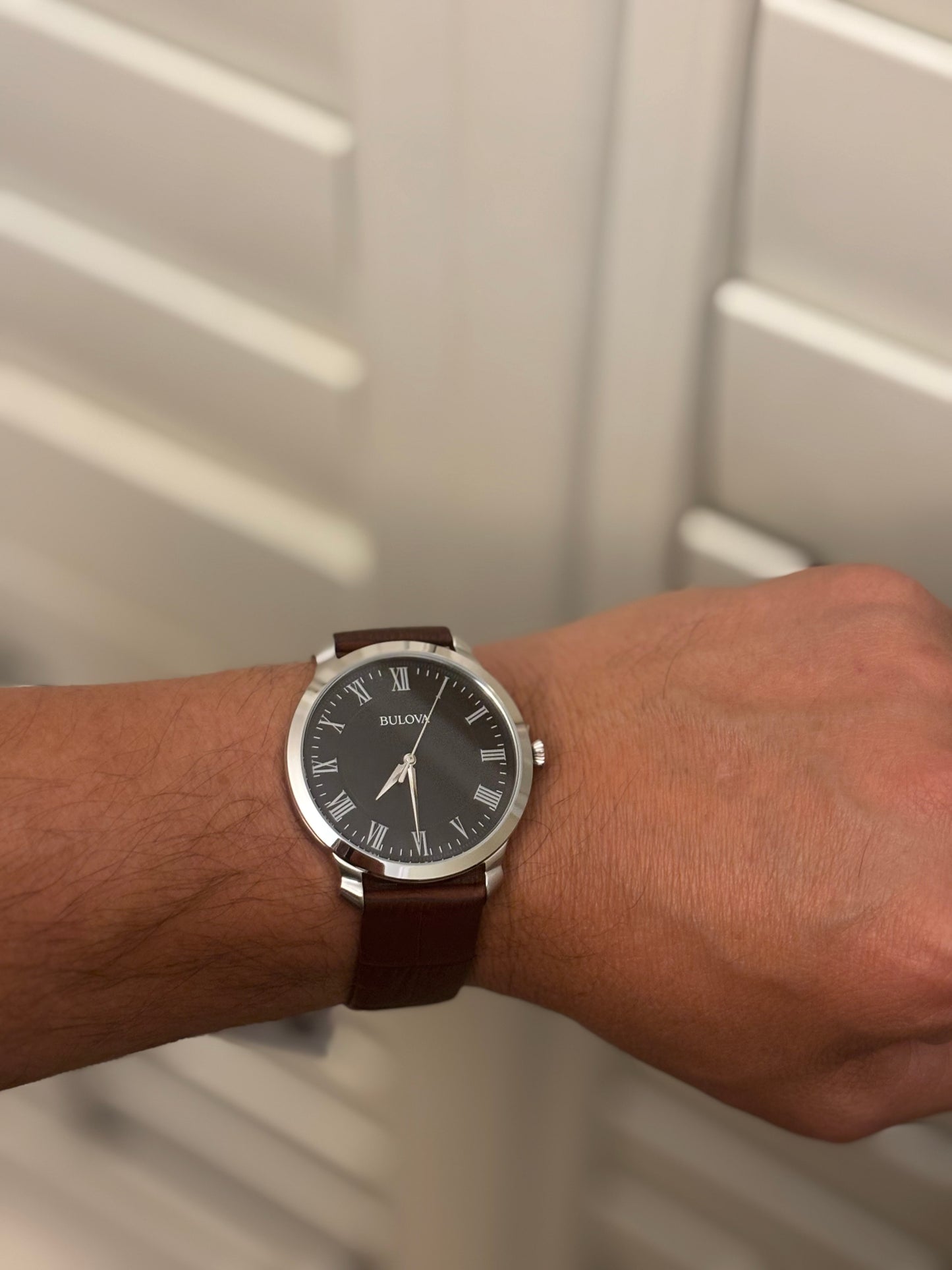 Bulova Classic 96A184 Men’s Black Dial Roman Numeral Brown Leather Watch