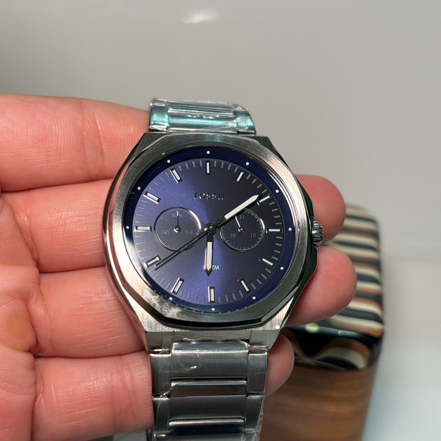 Fossil Evanston BQ2610 Mens Multifunction Quartz Watch 45mm Stainless Steel Bracelet Blue Sunray Dial 5ATM Water Resistant