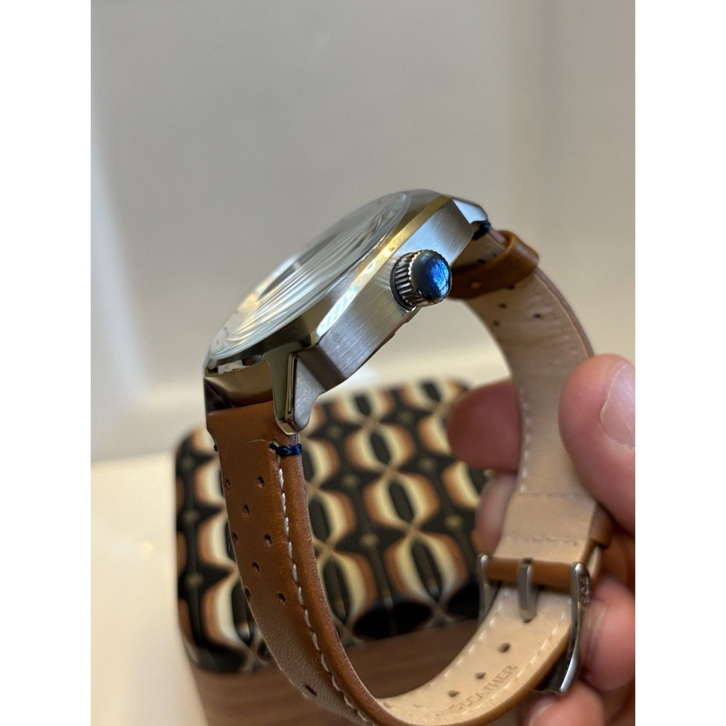Fossil PR5486 Sun-Ray Green Dial Tonneau-Cushion Case Perforated Leather Band