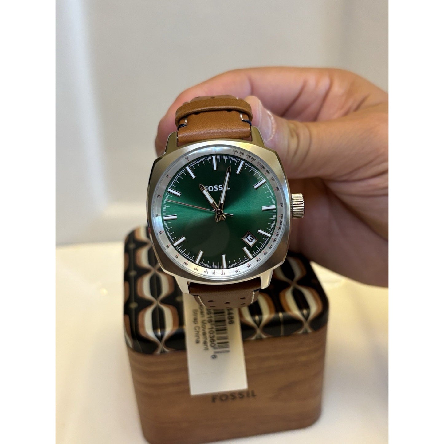 Fossil PR5486 Sun-Ray Green Dial Tonneau-Cushion Case Perforated Leather Band