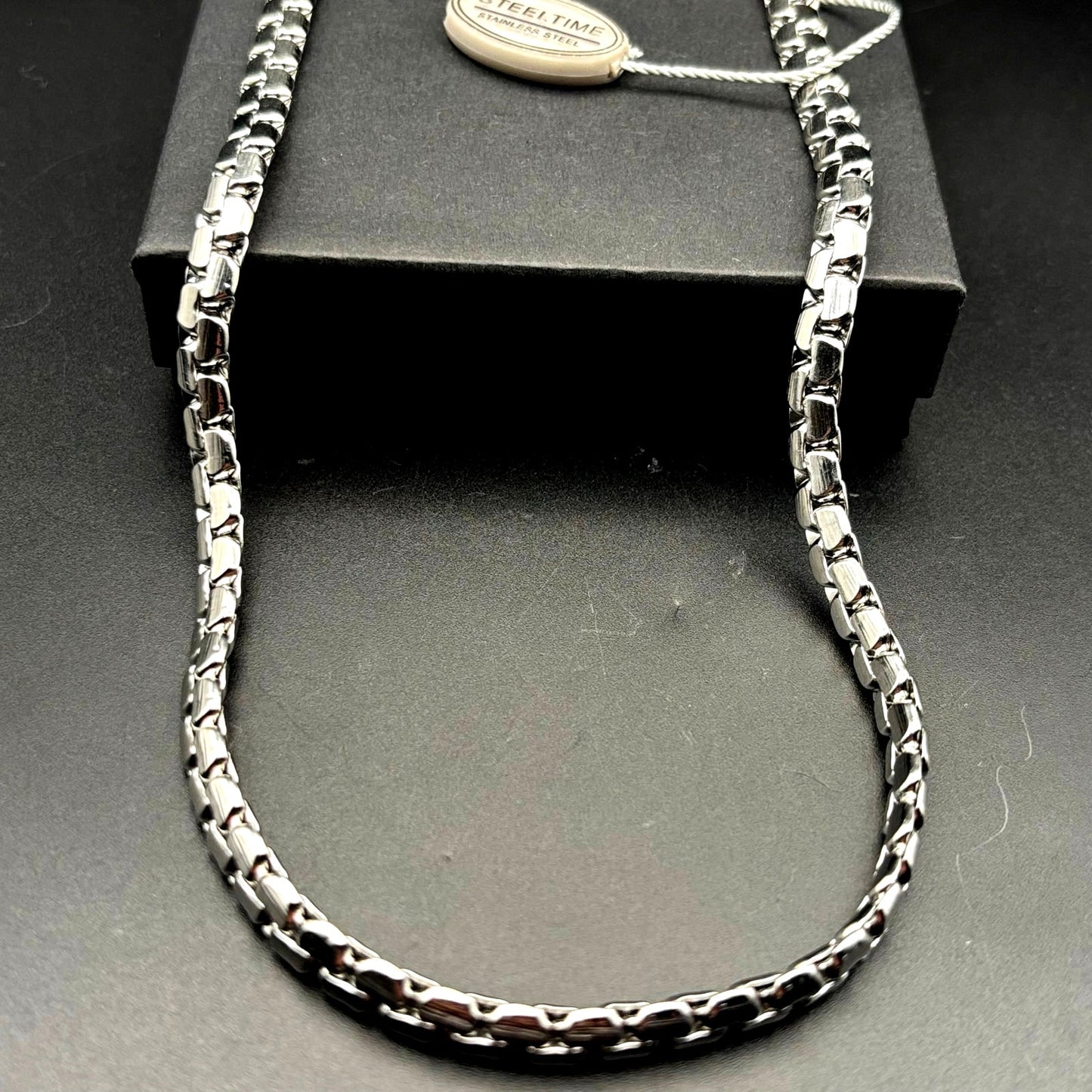 SteelTime Men's Stainless Steel Silver Plated Fluted Link Necklace 24 Inch NWT
