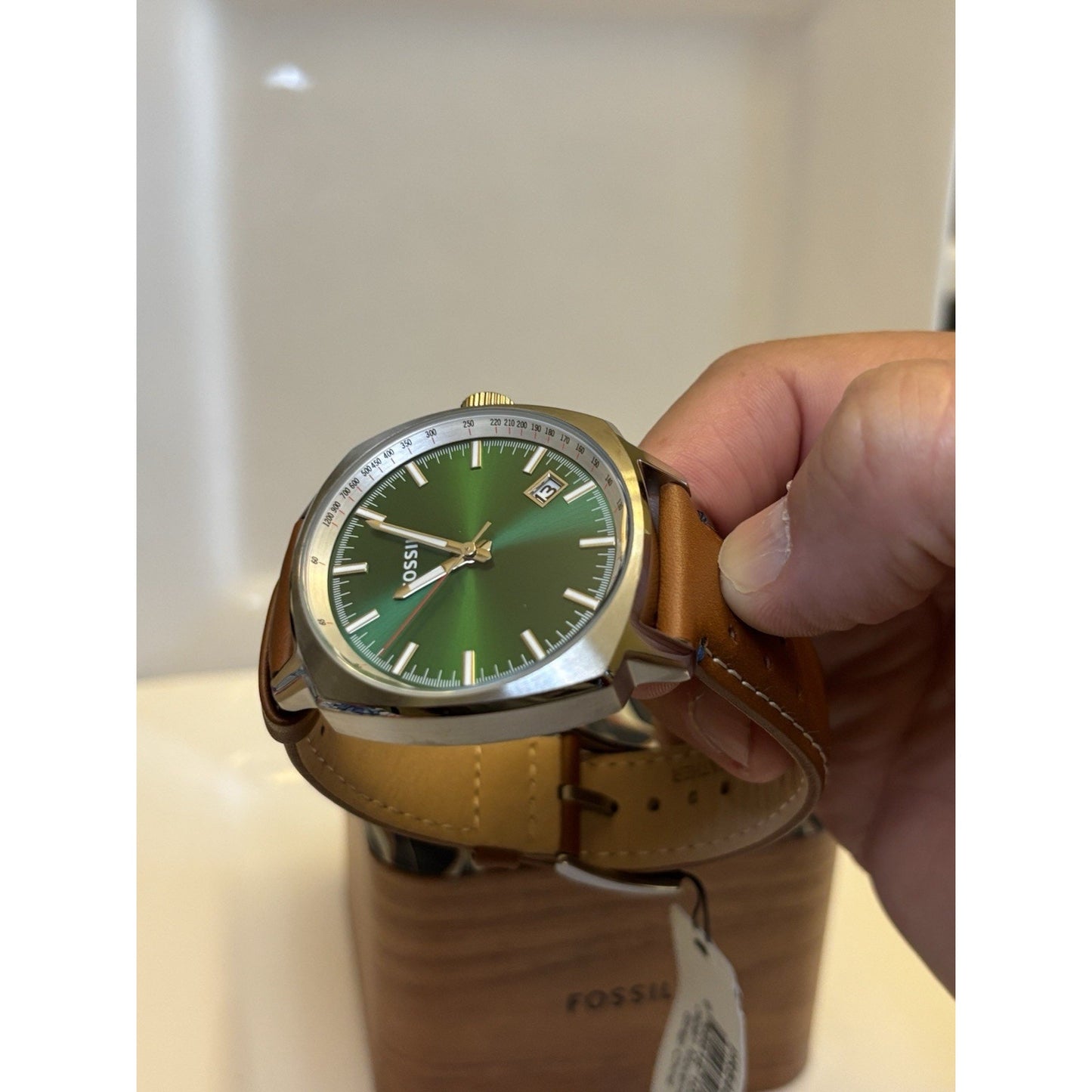 Fossil PR5486 Sun-Ray Green Dial Tonneau-Cushion Case Perforated Leather Band
