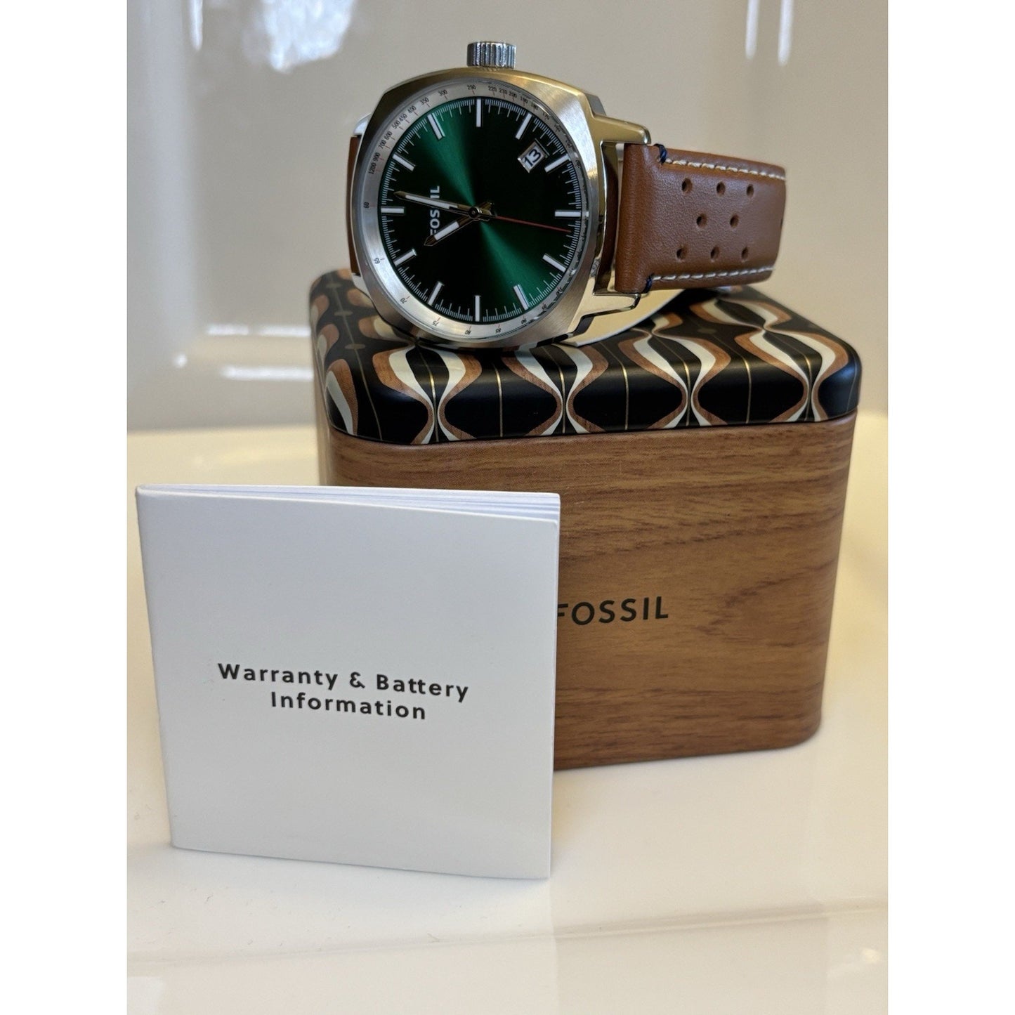 Fossil PR5486 Sun-Ray Green Dial Tonneau-Cushion Case Perforated Leather Band