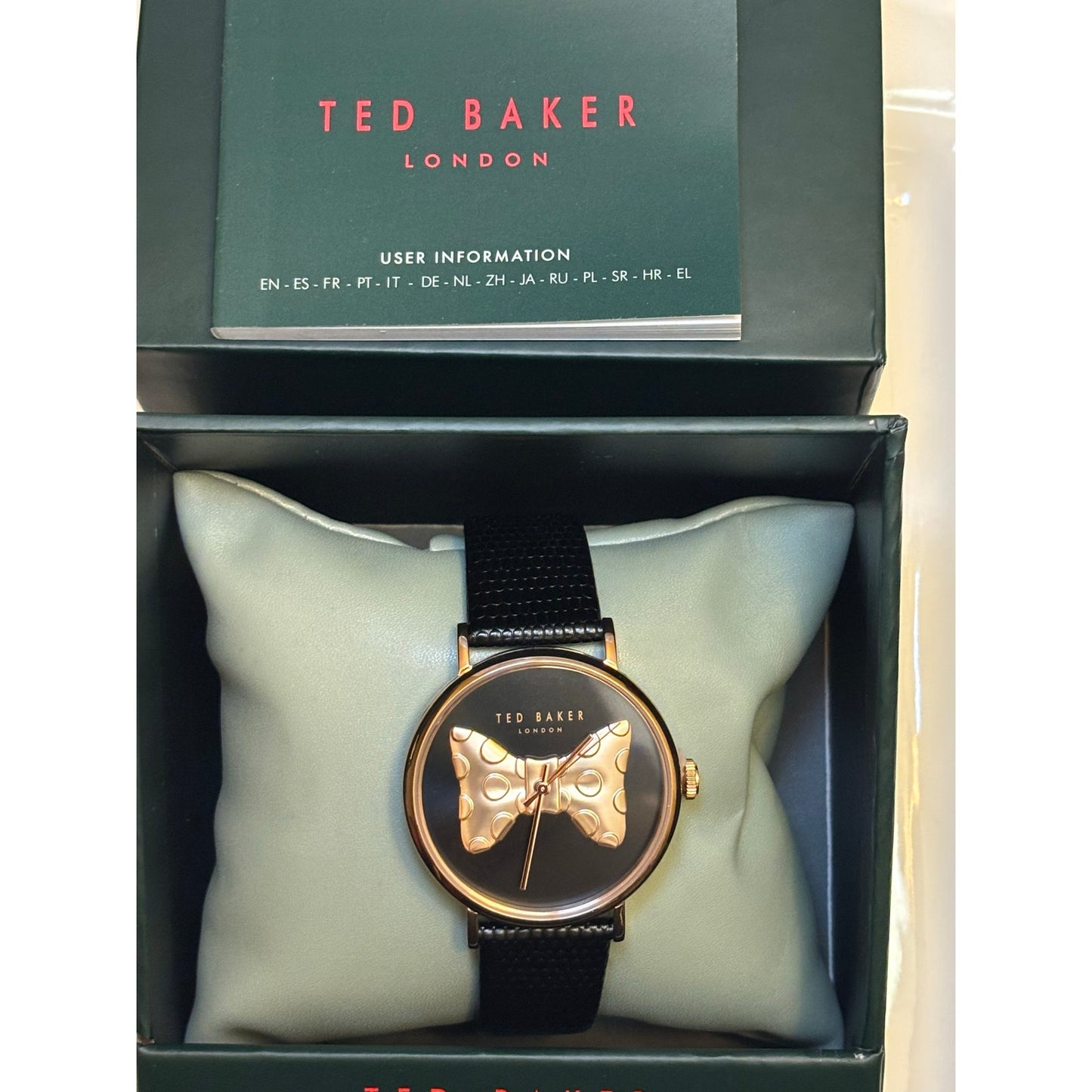 Ted Baker Ladies Black Lizard Leather Strap Watch Rose Gold Bow-Tie Dial BKPPHS3019I