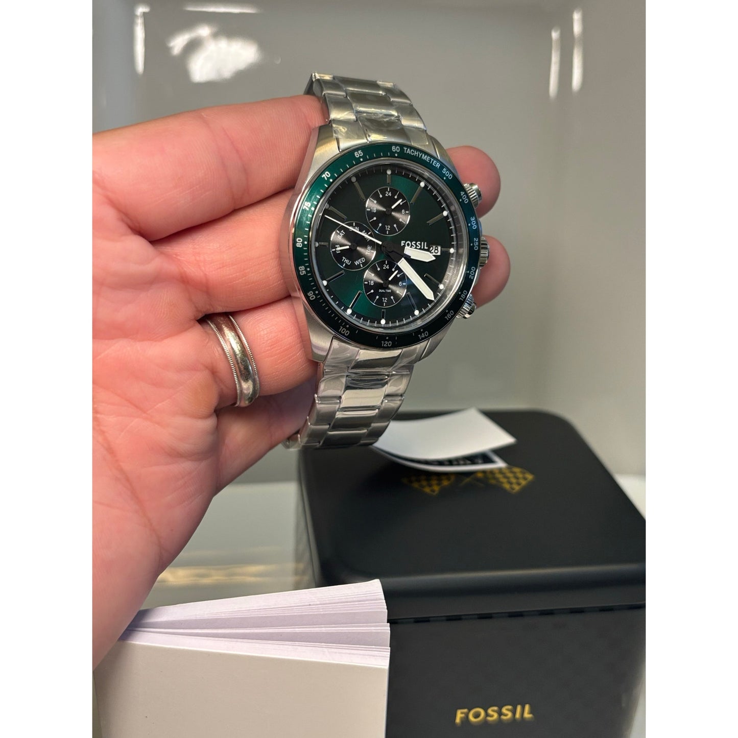 Fossil Men’s Watch Autocross BQ2878 – Green Sunray Dial, Stainless Bracelet, 42 mm
