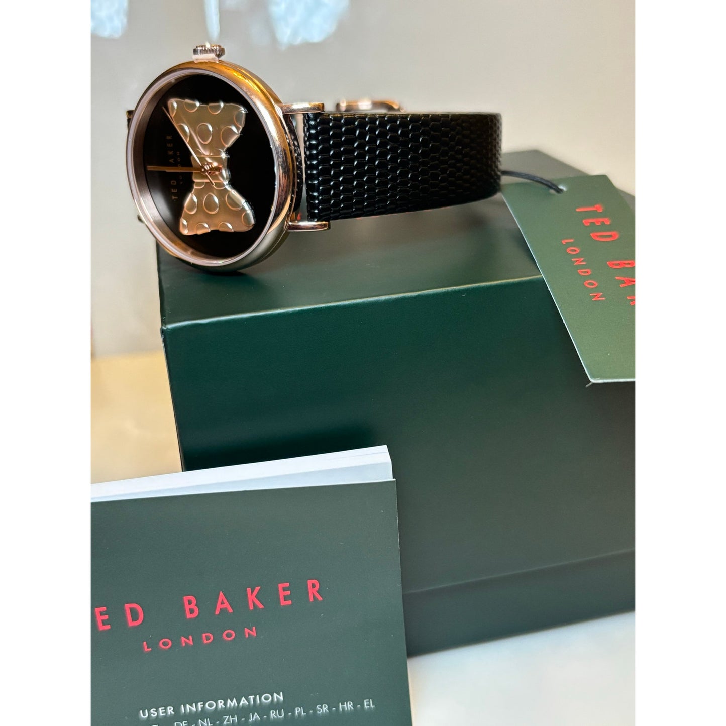 Ted Baker Ladies Black Lizard Leather Strap Watch Rose Gold Bow-Tie Dial BKPPHS3019I