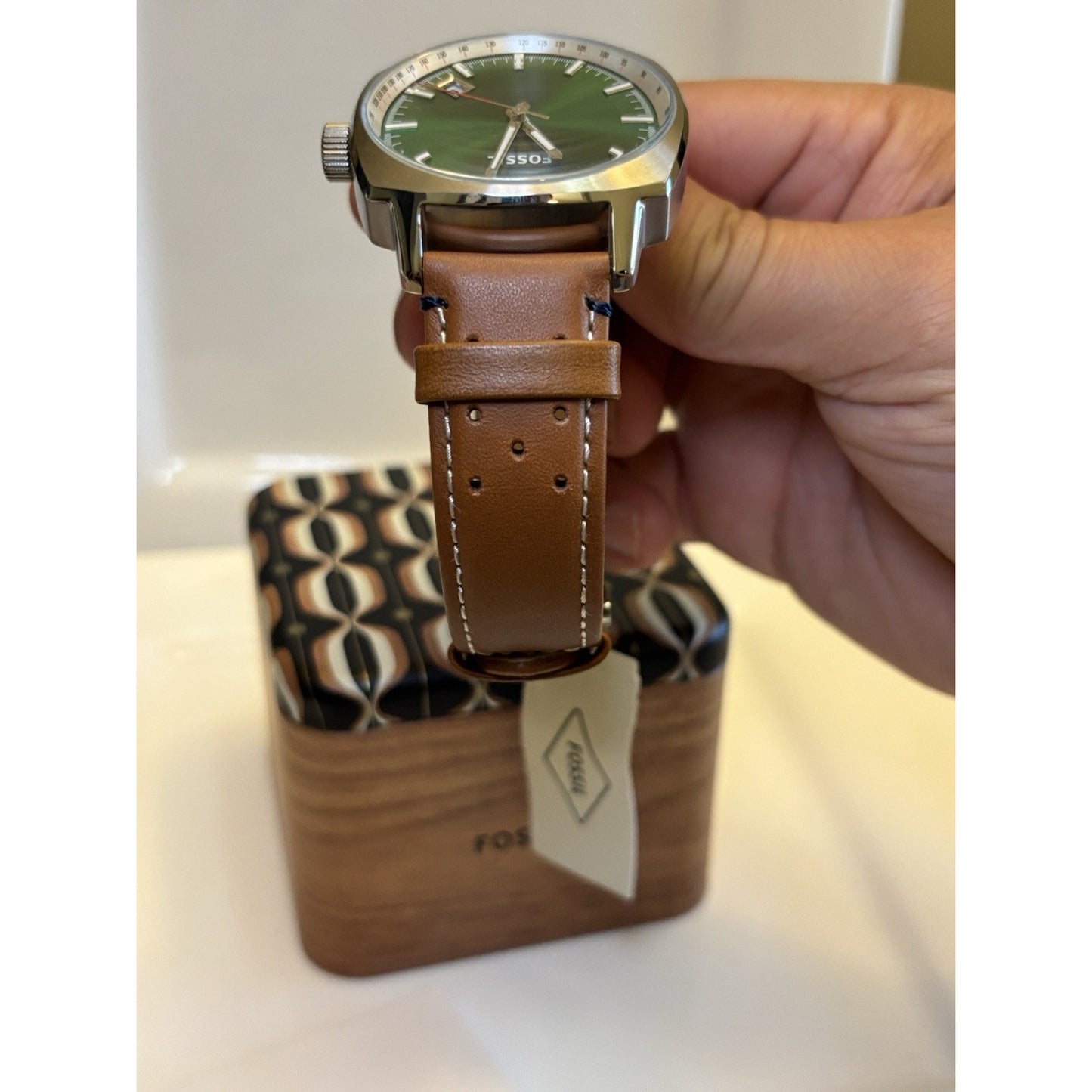 Fossil PR5486 Sun-Ray Green Dial Tonneau-Cushion Case Perforated Leather Band