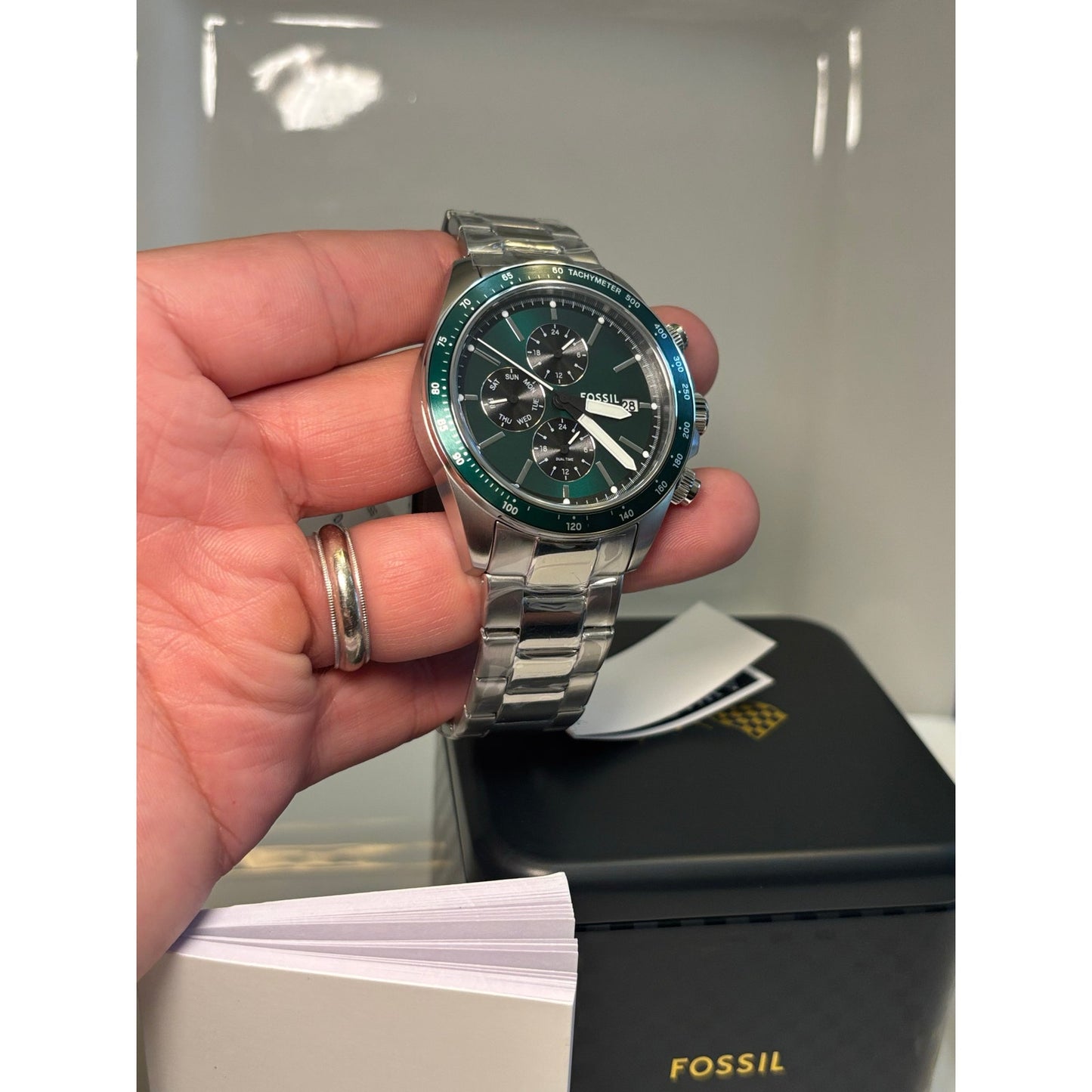 Fossil Men’s Watch Autocross BQ2878 – Green Sunray Dial, Stainless Bracelet, 42 mm