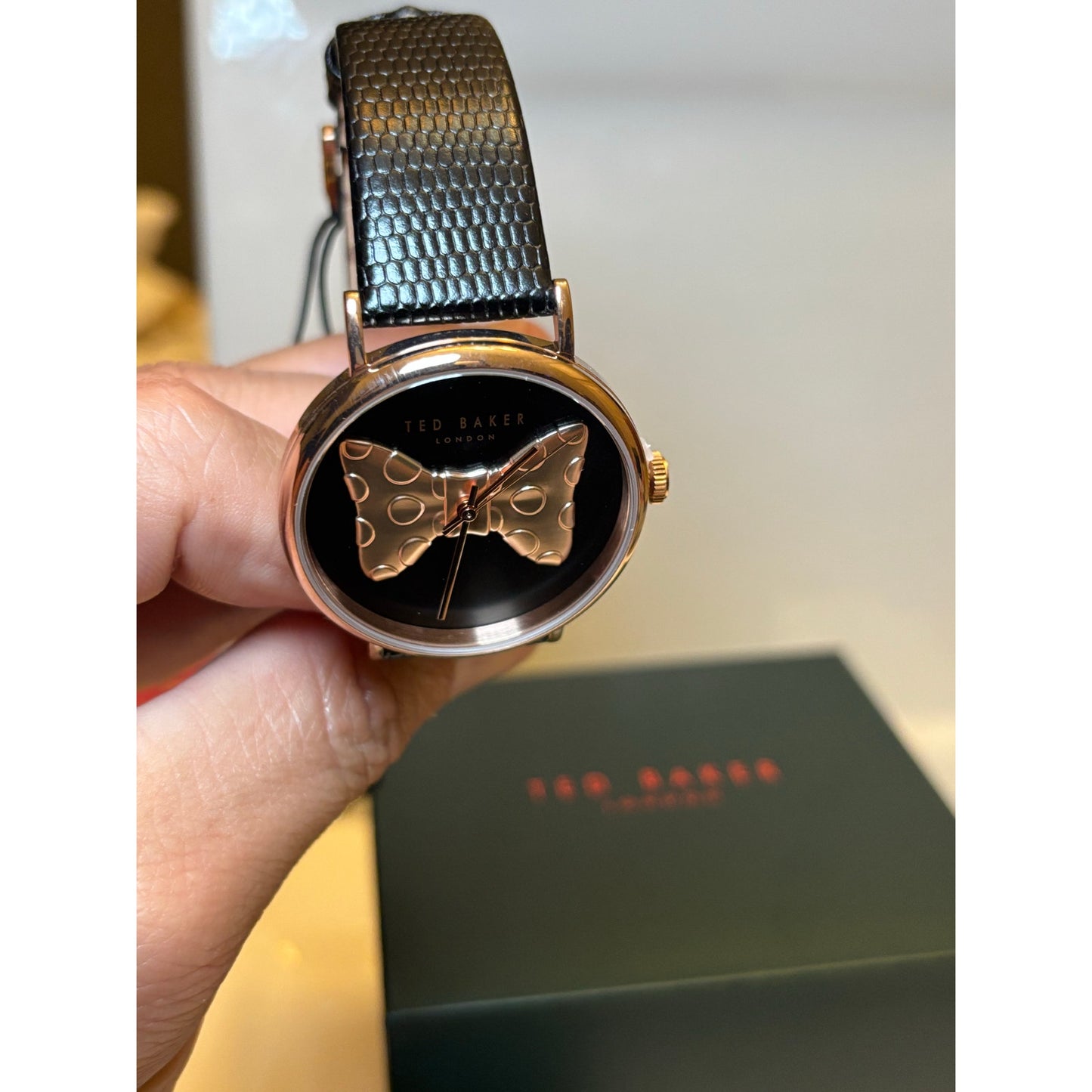 Ted Baker Ladies Black Lizard Leather Strap Watch Rose Gold Bow-Tie Dial BKPPHS3019I