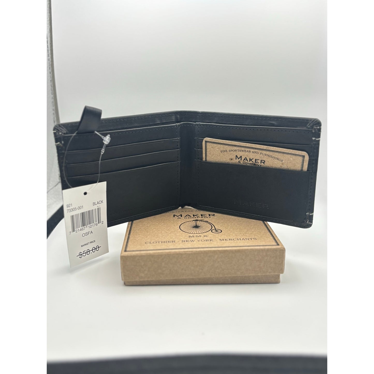 Maker & Company Leather Bifold Wallet. Black with White Stitching. New with Box