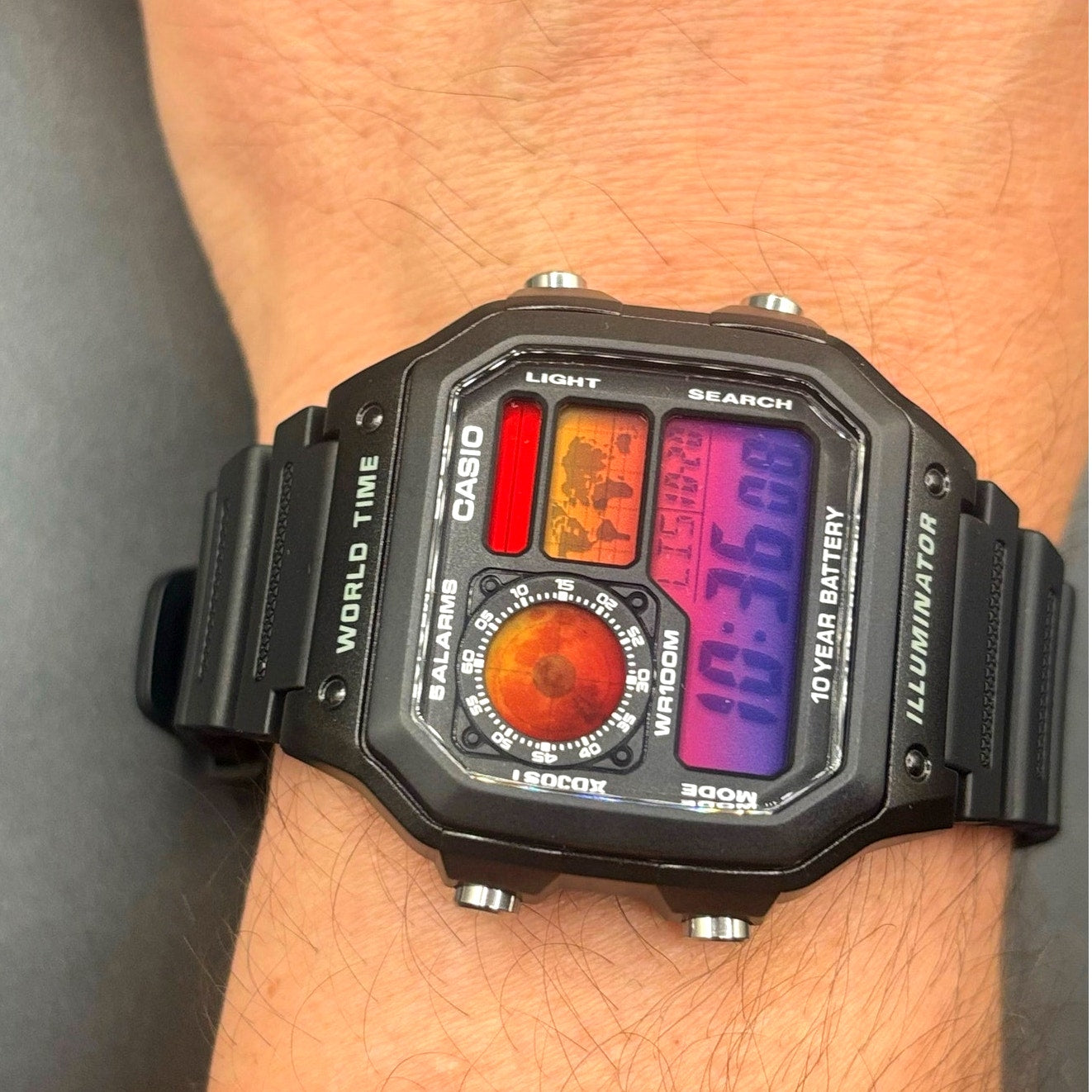 LWS Atlas Red Horizon Custom Casio AE1200 World Time Silicone Bracelet Mod Watch