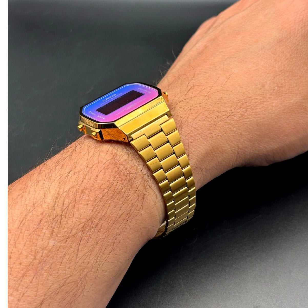LWS Solarwave Prism A168 Gold Tone Stainless Steel Bracelet Digital Mod Watch