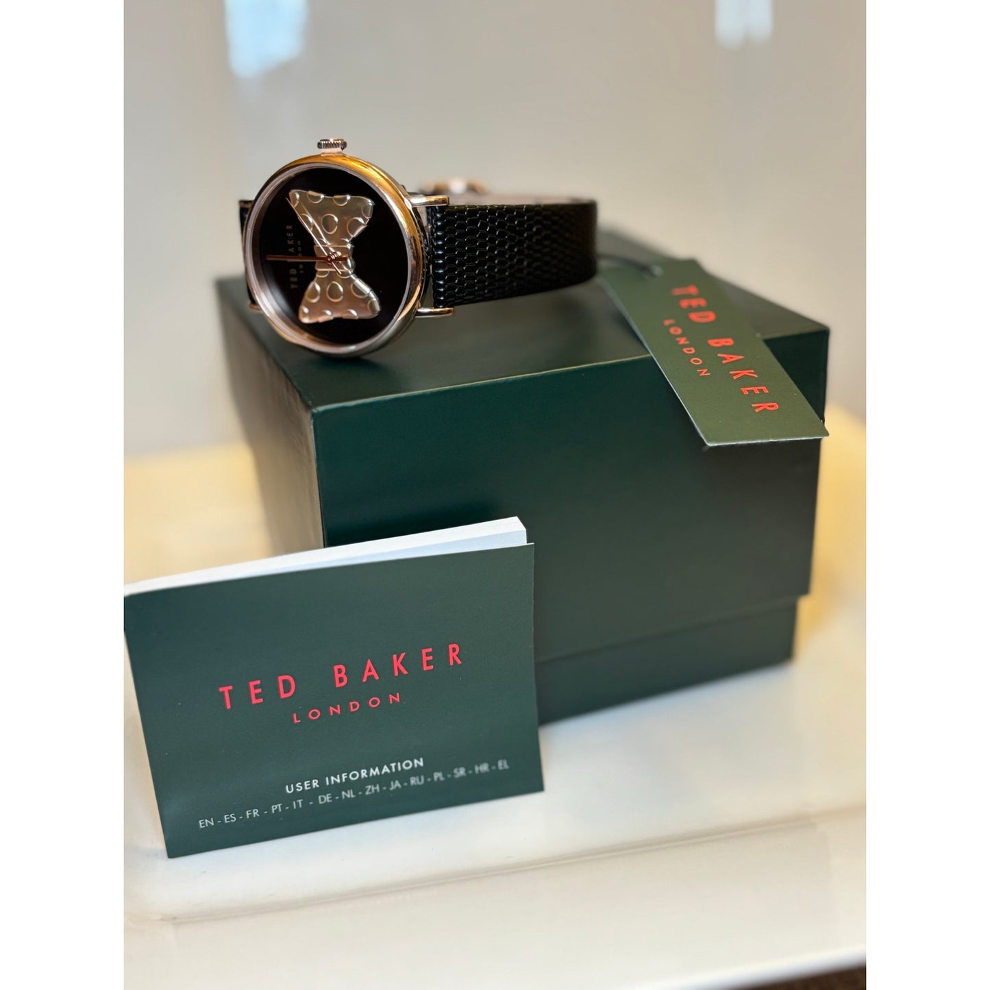 Ted Baker Ladies Black Lizard Leather Strap Watch Rose Gold Bow-Tie Dial BKPPHS3019I