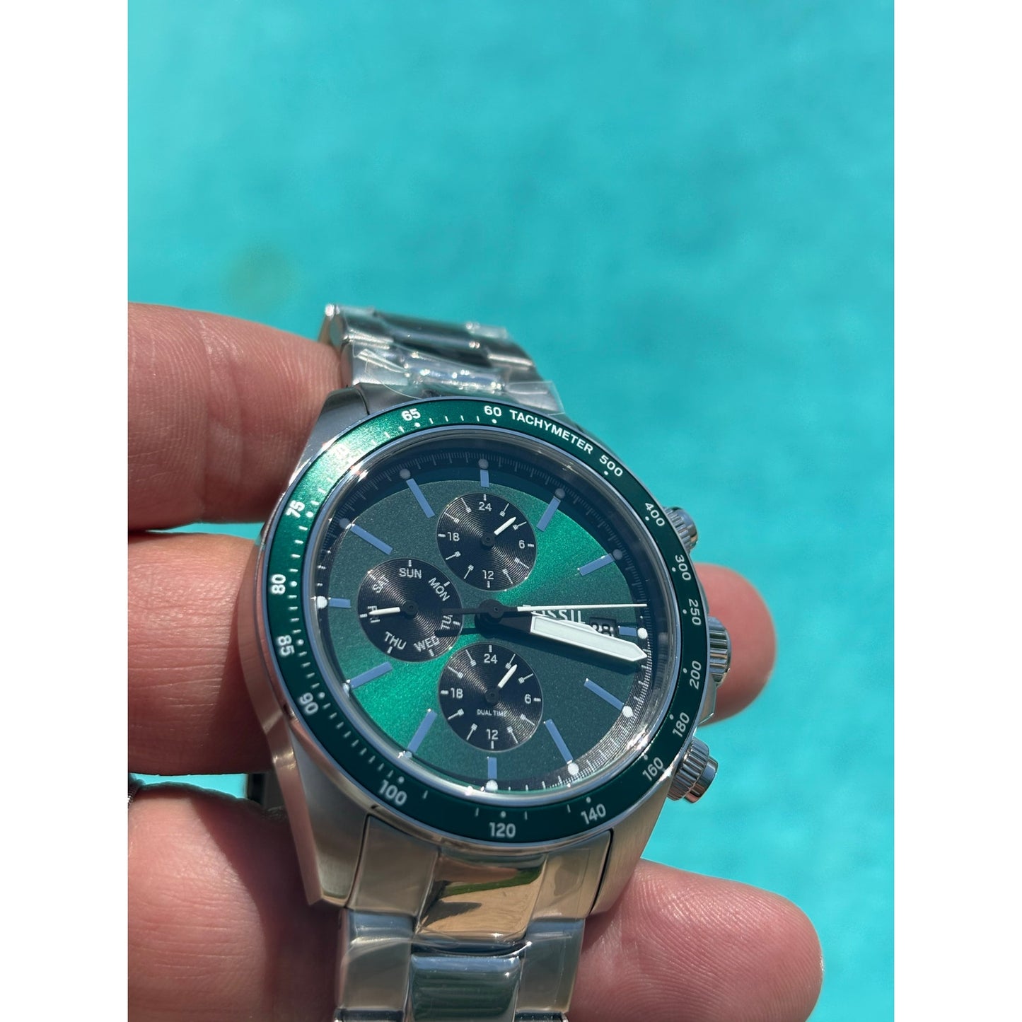 Fossil Men’s Watch Autocross BQ2878 – Green Sunray Dial, Stainless Bracelet, 42 mm