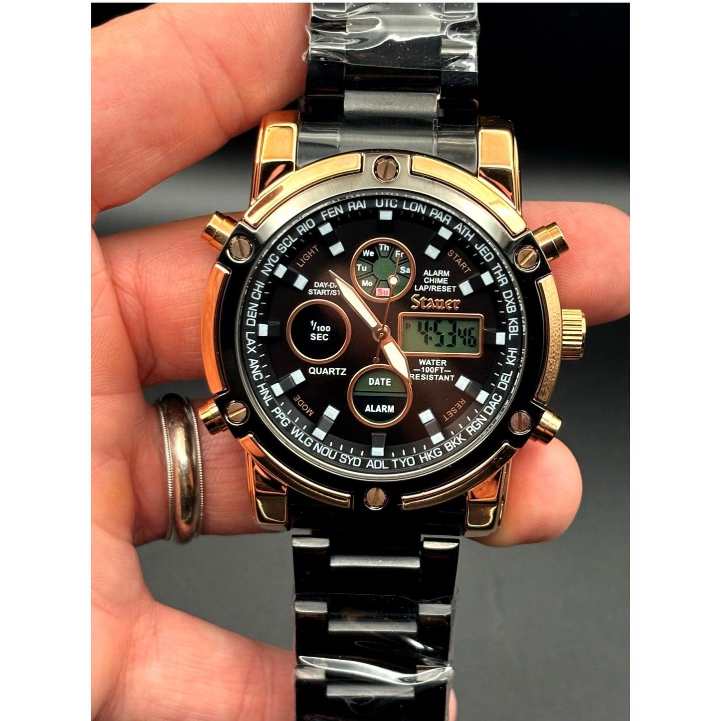 Stauer 52318 Due Volta Chronograph Men's Watch 48mm Rose Gold Black Steel NIB