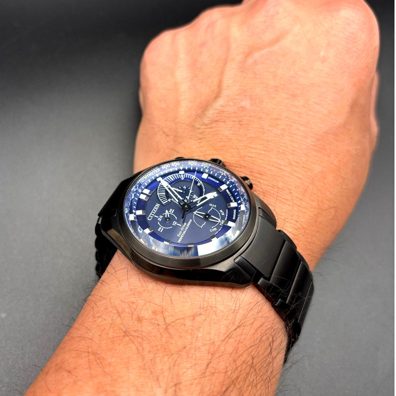 Citizen BL5607-54L Men’s Eco-Drive Sport Chronograph Blue Dial Black IP NIBWT