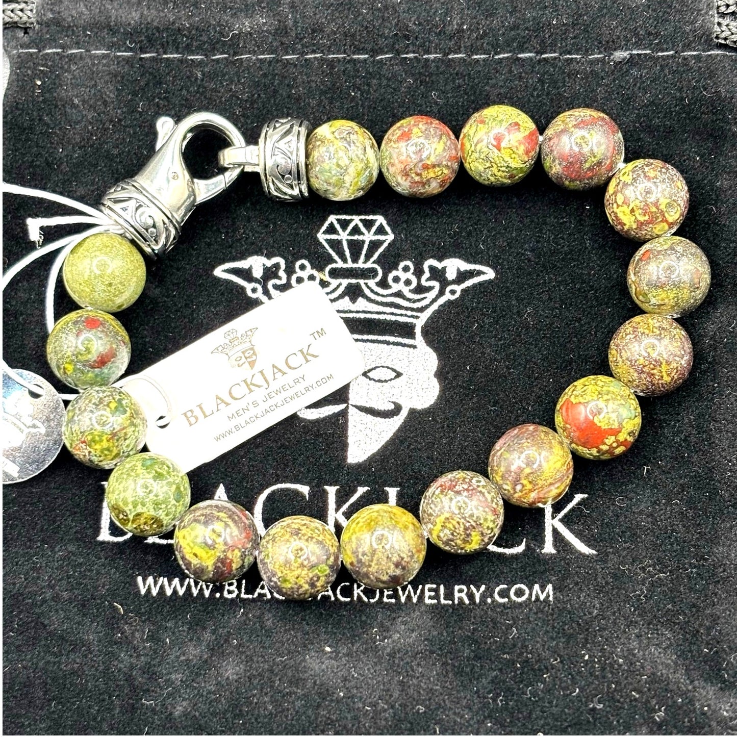 Blackjack BJB244DG Men’s 10mm Dragon Stone Stainless Steel Beaded Bracelet NWT