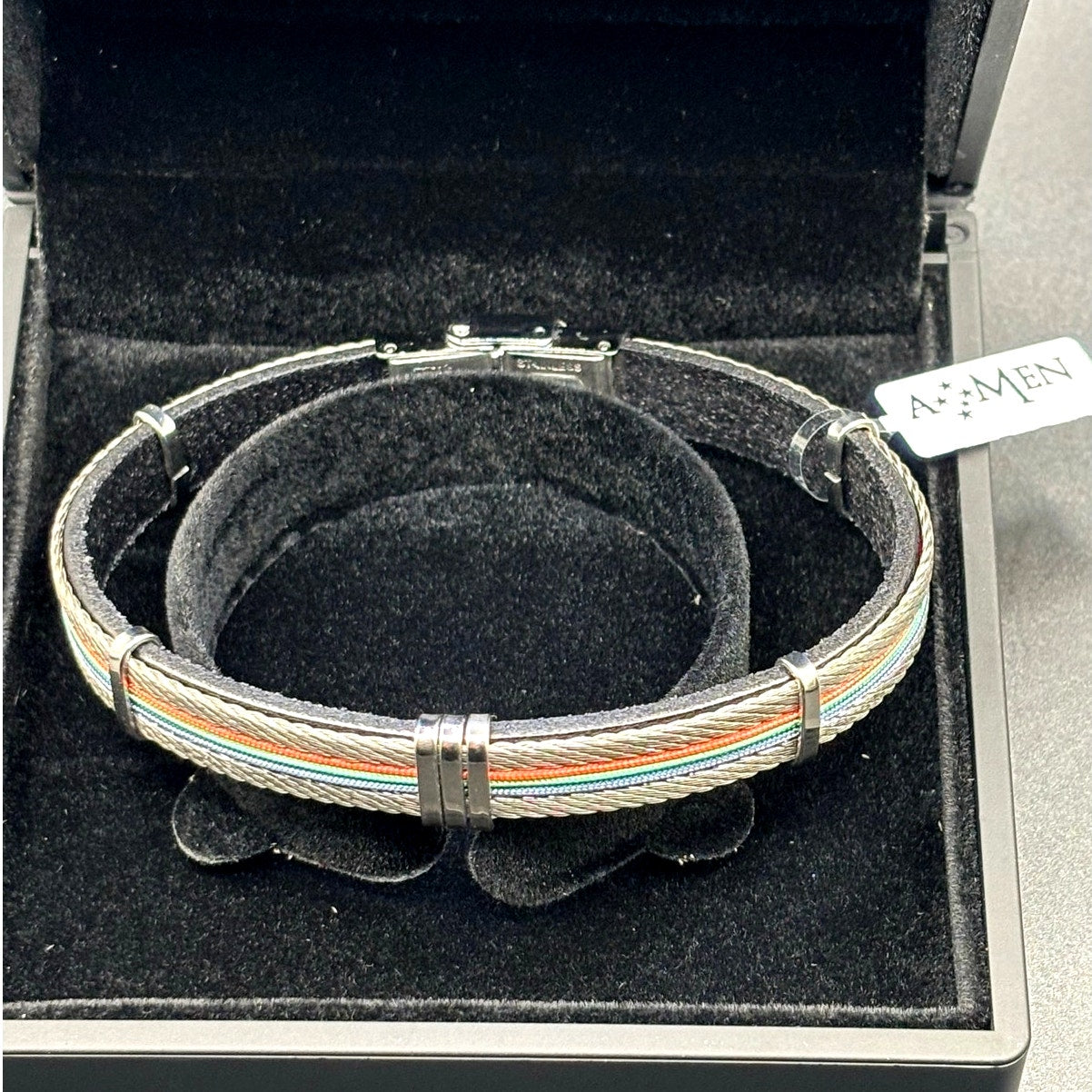 AMEN Italian Stainless Steel Cable Men's Bracelet Leather Red Green Blue NWT