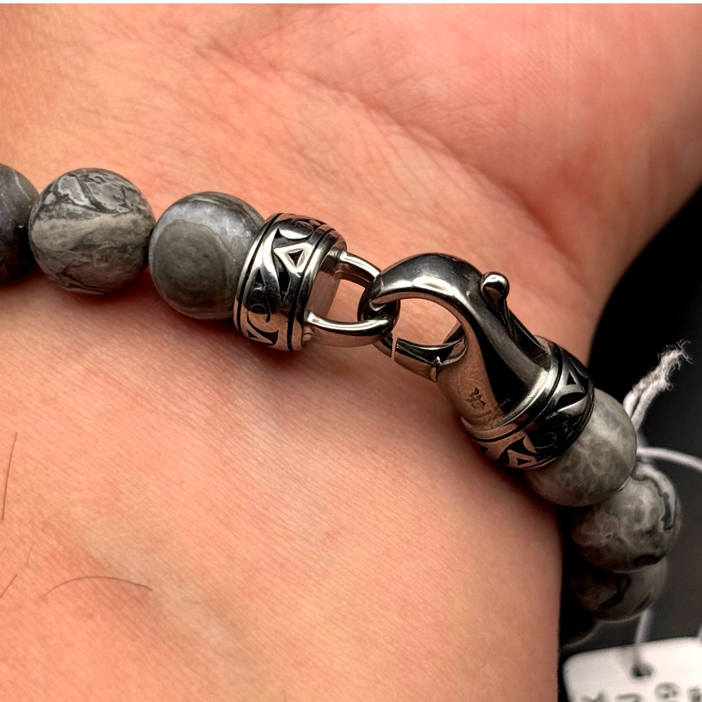 Blackjack BJB244BJ Men’s 10mm Gray Jasper Stainless Steel Beaded Bracelet NWT