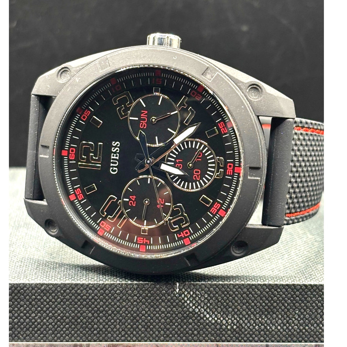 Guess Dash W1256G1 Men’s 46mm Black Multifunction Quartz Watch Red Accents