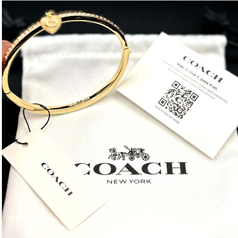 Coach Gold-Tone Stone Heart Charm Bangle Women’s Bracelet NWT Gift Ready