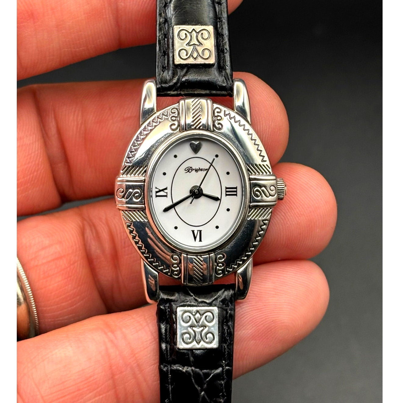 Brighton Moscow Women’s Silver Oval Black Italian Leather Vintage Watch NIB