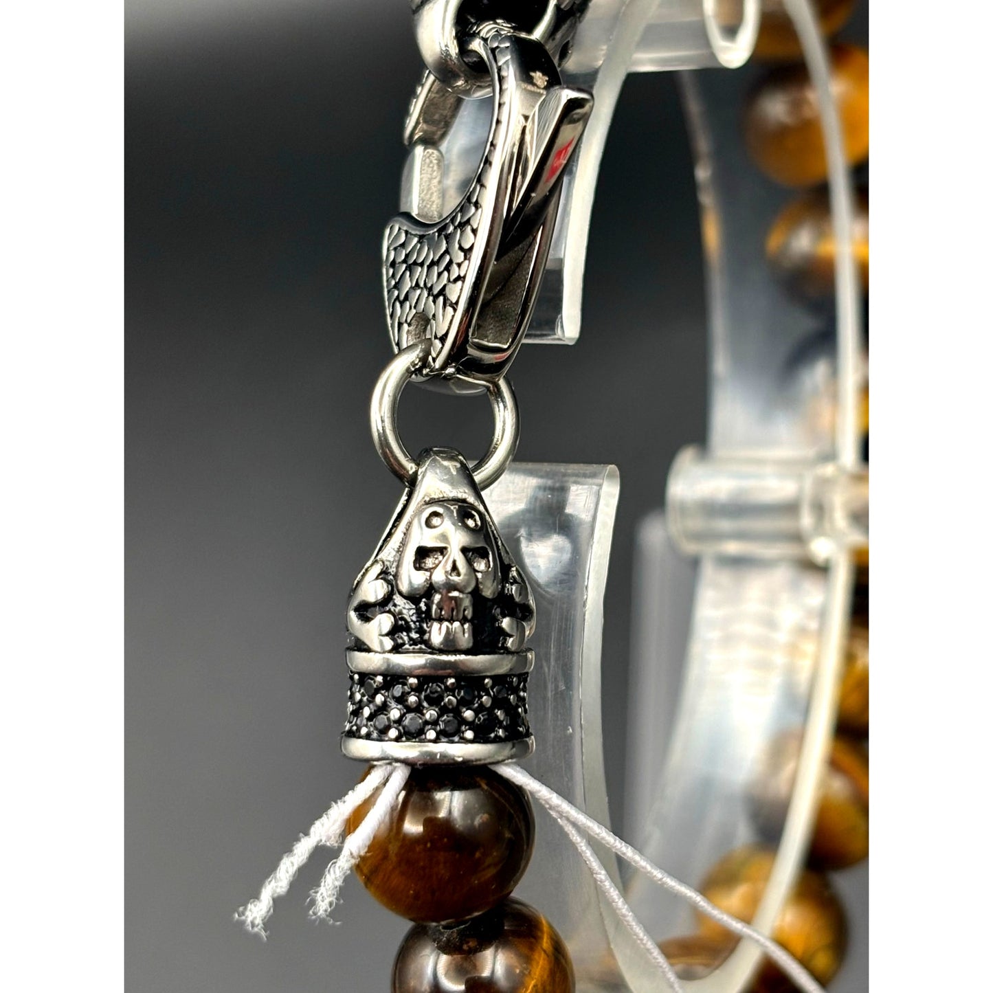 Blackjack BJS16BTE Men's Genuine 10mm Tiger Eye Stainless Steel Beaded Bracelet