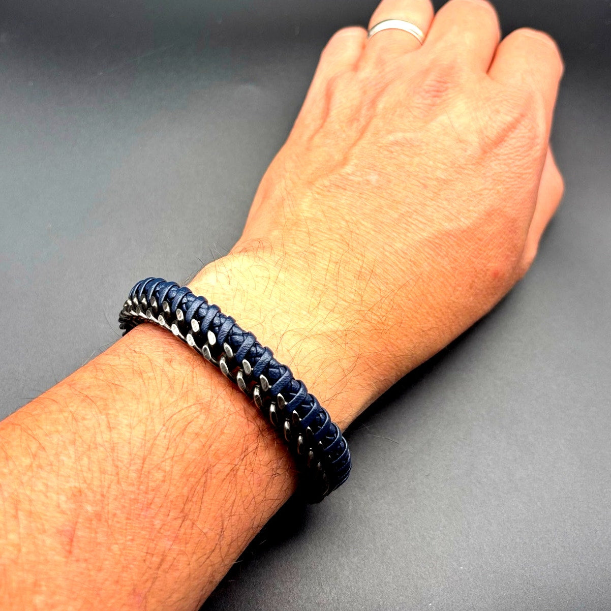 Bain Miller Mens Stainless Steel Blue Leather Woven Bracelet Slide Lock Clasp