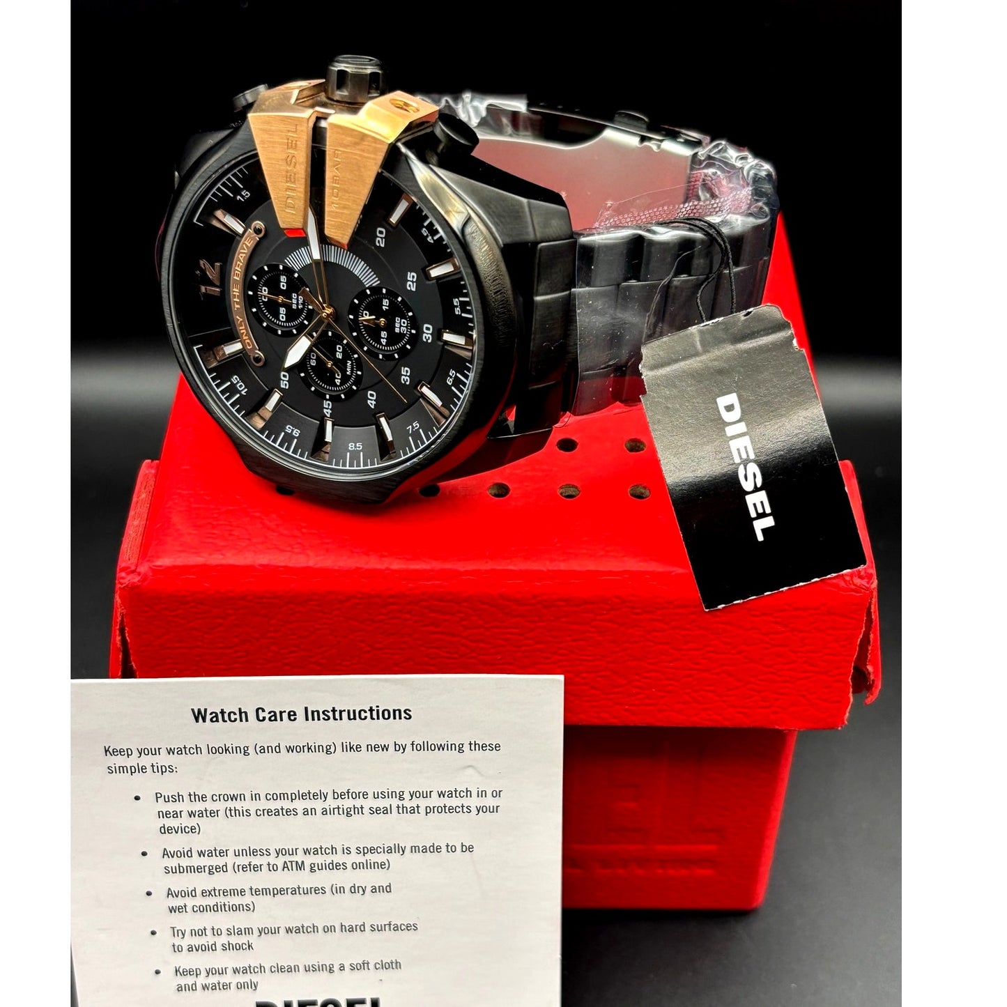 Diesel DZ4309 Mega Chief Mens Black Rose Gold Chrono Stainless Steel Watch NIBWT