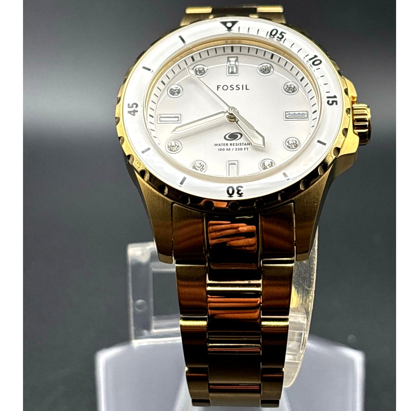 Fossil ES5350 Blue Dive Women’s White Dial Gold Tone Stainless Steel 36mm Watch
