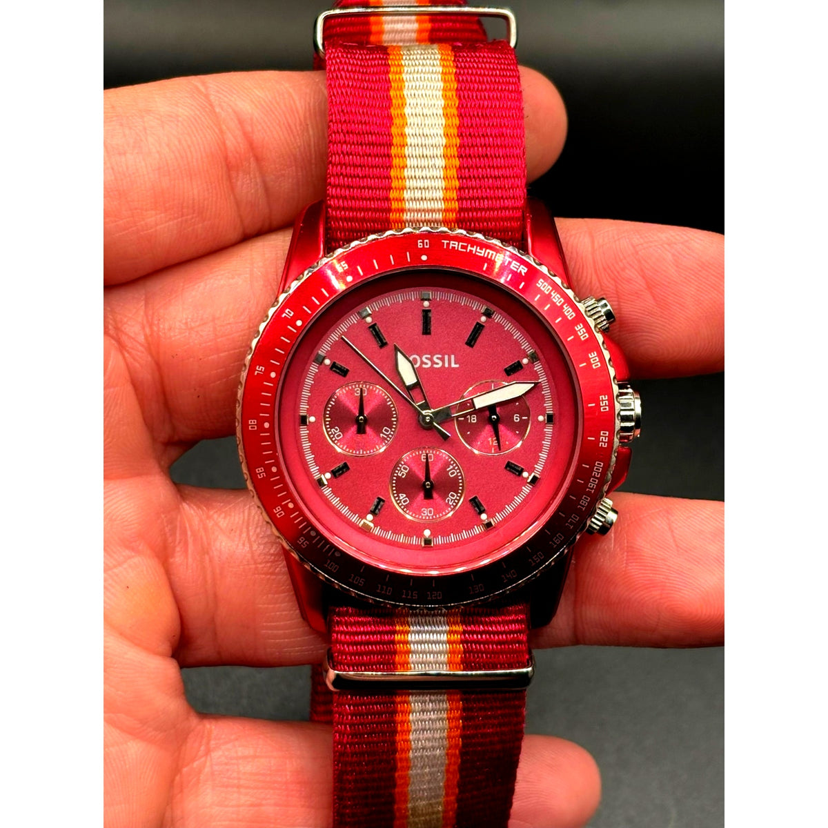 Fossil Stella CH2768 Red Chronograph 42mm Quartz NATO-Style Strap Women’s Watch