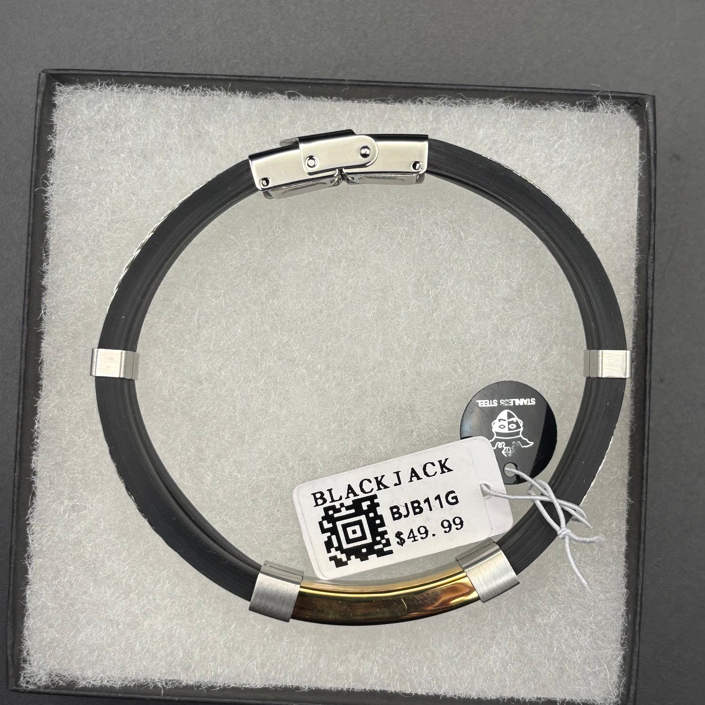Blackjack BJB11G Mens Black Silicone Gold Stainless Steel Wire Bangle Bracelet