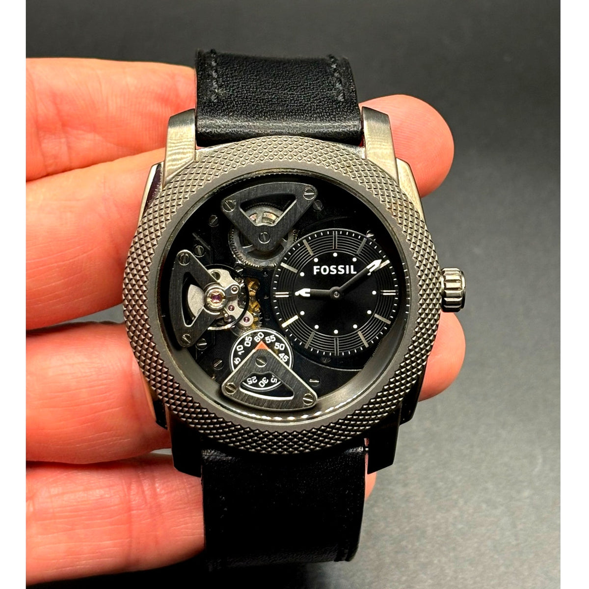 Fossil ME1129 Machine Twist Hybrid Smoke Gray Black Leather Men's Watch 45mm