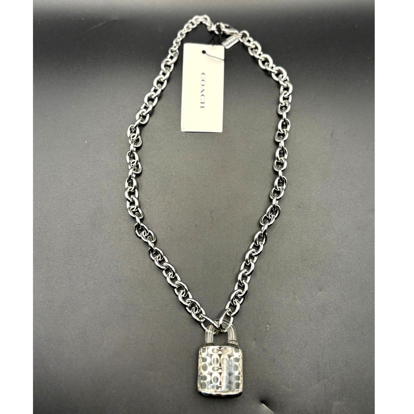 Coach Signature Lucite Padlock Pendant Women's 16” Necklace Silver Tone NWT