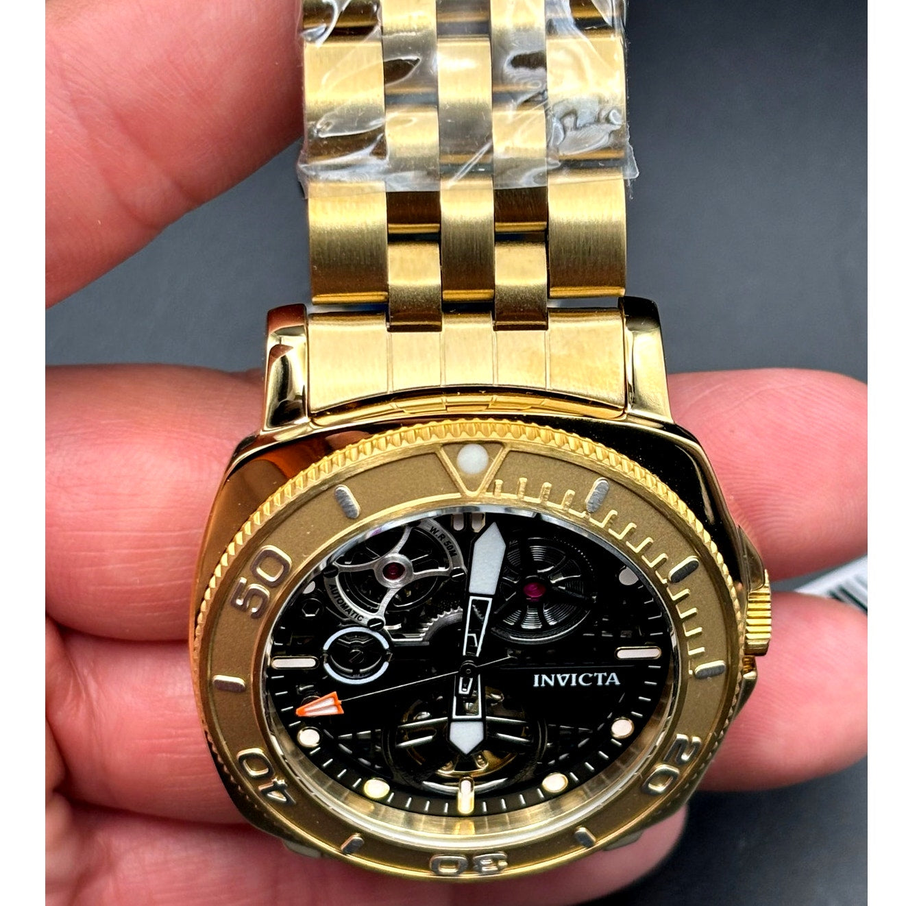 Invicta 69465 Sea Hunter Automatic Skeleton Dial Gold Tone Mens Watch 44mm NIBWT