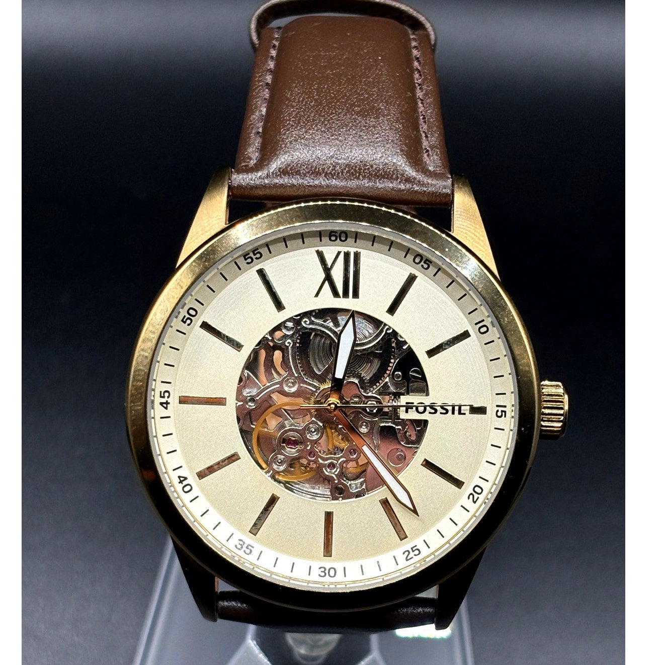 Fossil Flynn BQ2382 Automatic Men's Watch Skeleton Dial Leather Strap 48mm