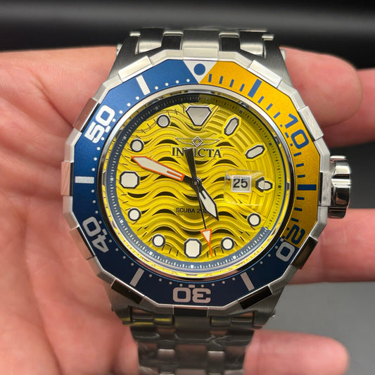 Invicta 47844 Pro Diver Wave Scuba Yellow Dial Blue Bezel Steel Alum Men's Watch