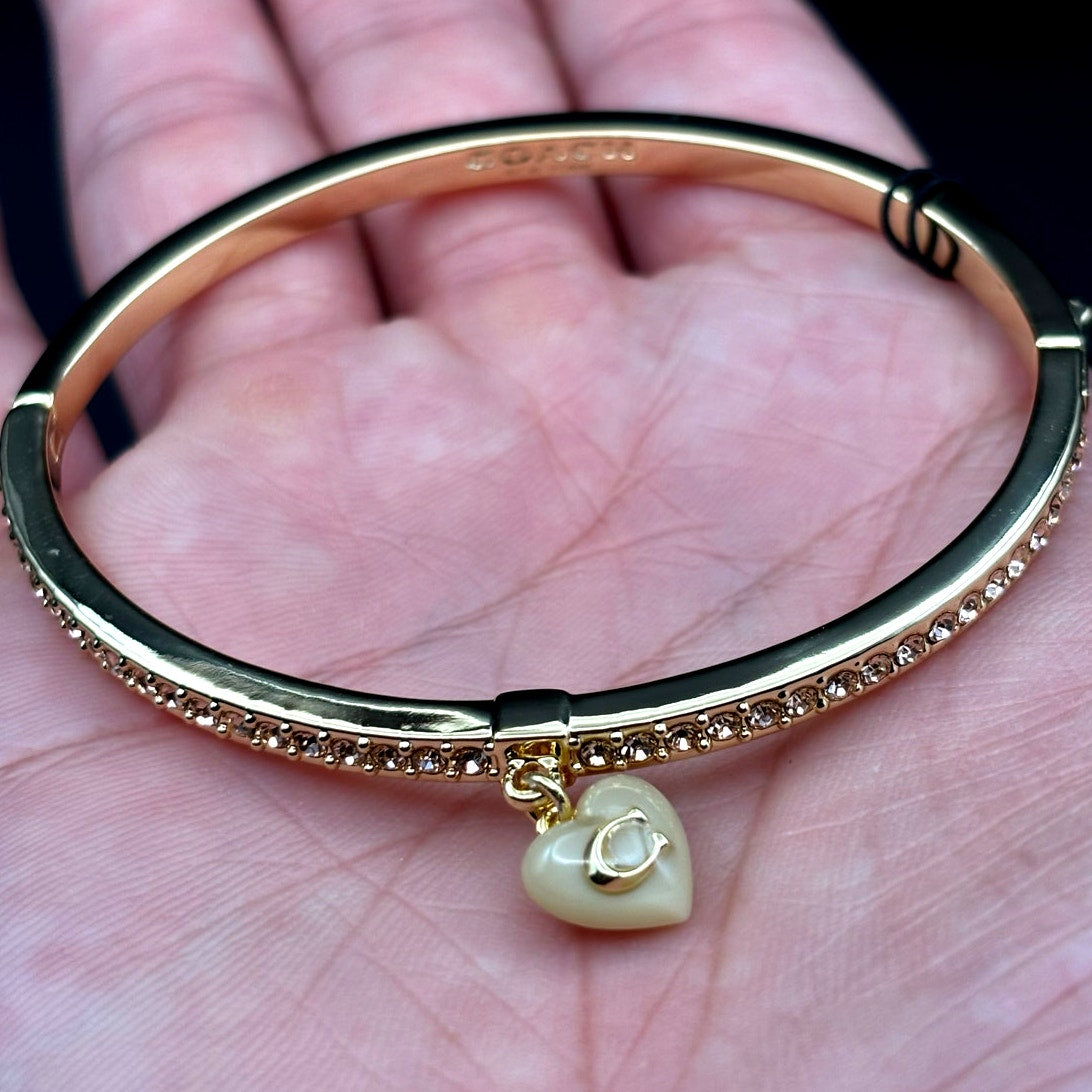 Coach Gold-Tone Stone Heart Charm Bangle Women’s Bracelet NWT Gift Ready