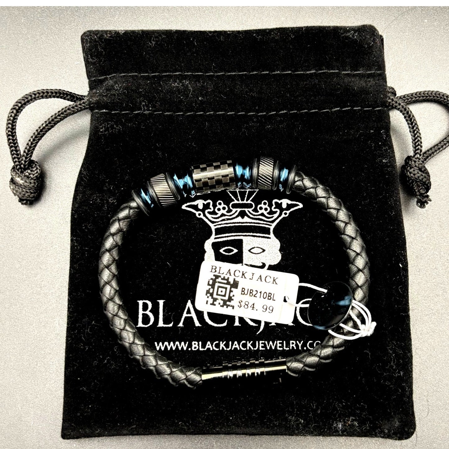 Blackjack BJB210BL Men's Leather Blue Stainless Steel Bracelet With Carbon Fiber