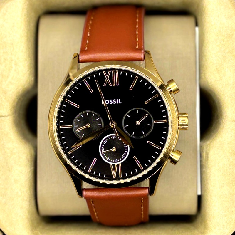 Fossil Fenmore BQM2404 Men's Multifunction Gold Tone Leather Strap Watch NIBWT