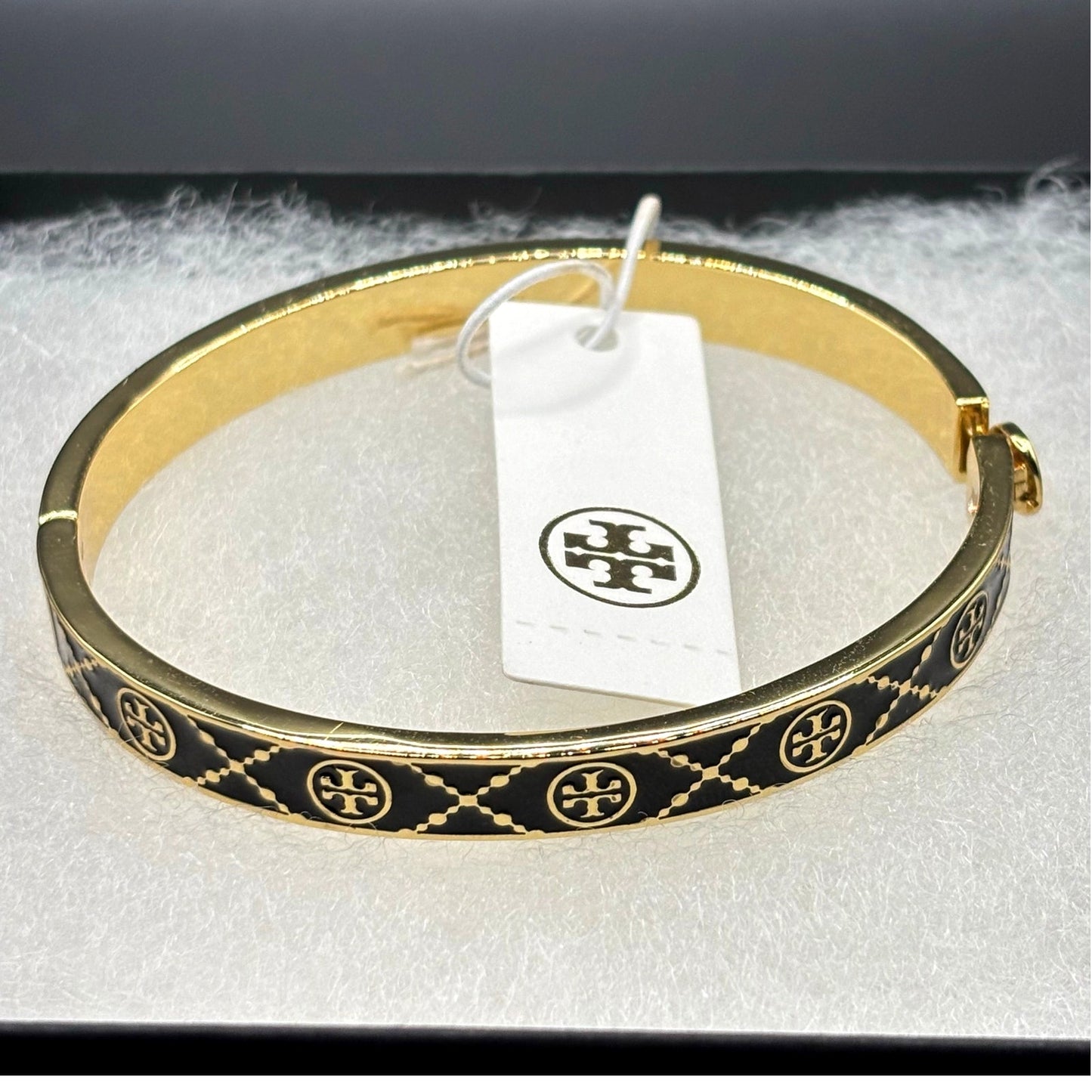 Tory Burch Icon Double T Black Gold Tone Hinged Women’s Bracelet NWT
