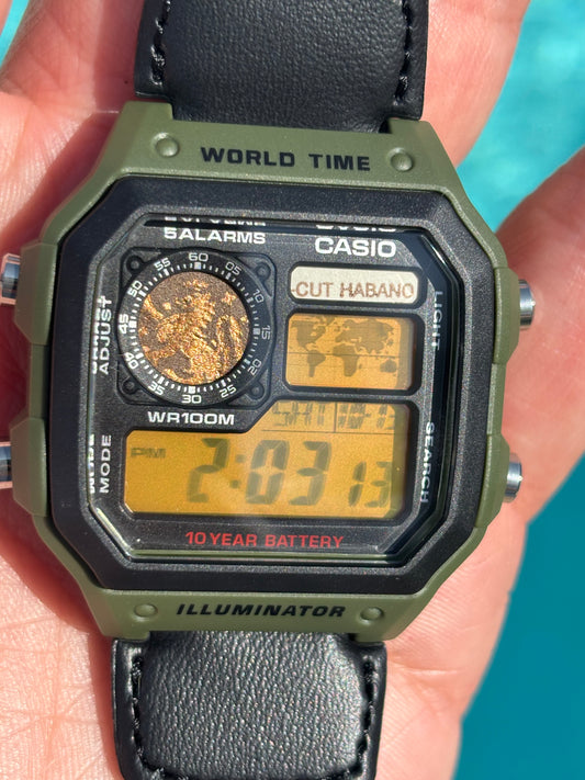 Custom Casio World Time Mod – Cigar Band “CUT HABANO” + Orange Gel Filter | Olive Green Strap