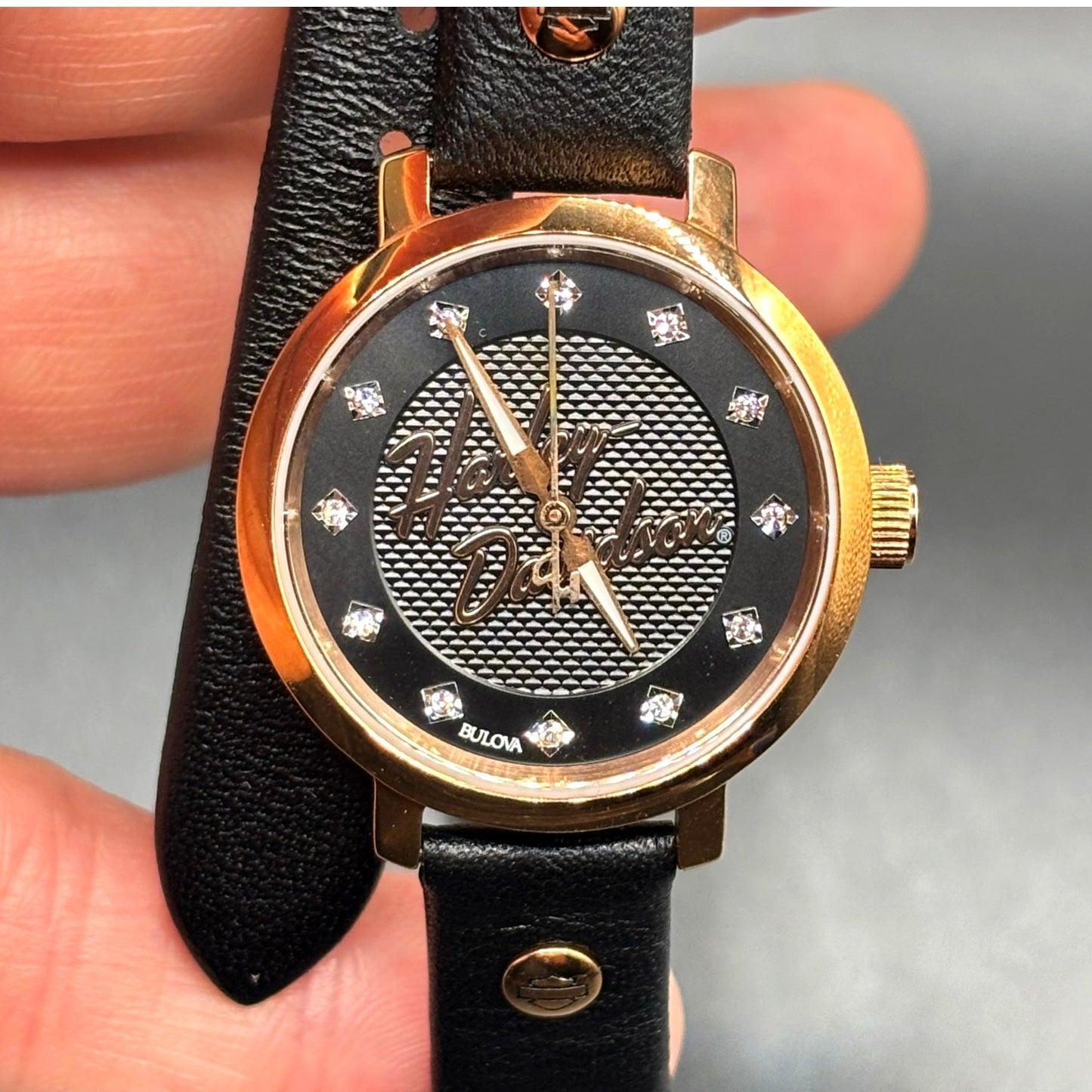 Bulova Harley-Davidson 77L109 Crystal Rose Gold Leather Wrap Women's Watch NIB