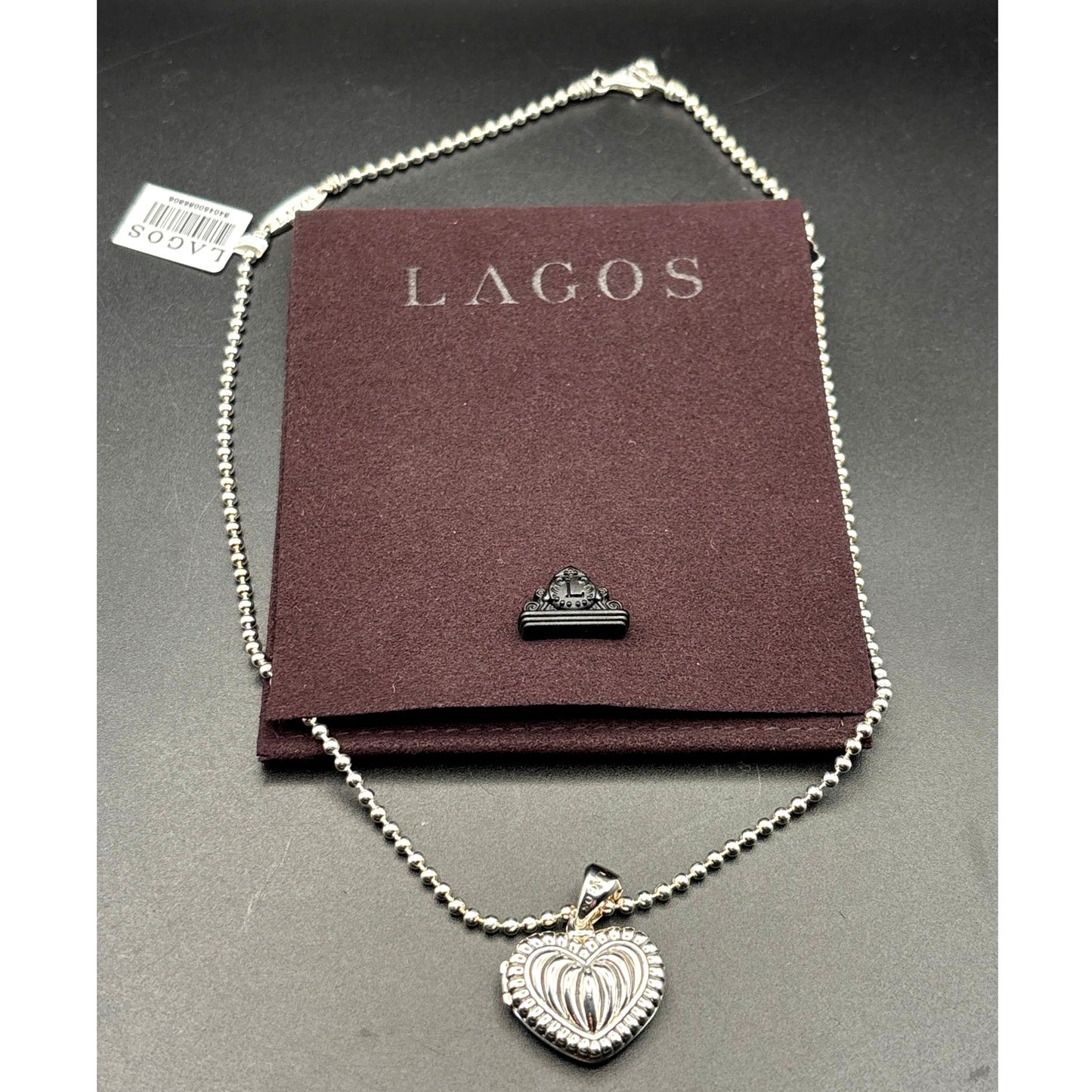 Lagos Beloved Fluted Heart Sterling Silver Locket Necklace Caviar Bead Chain NWT