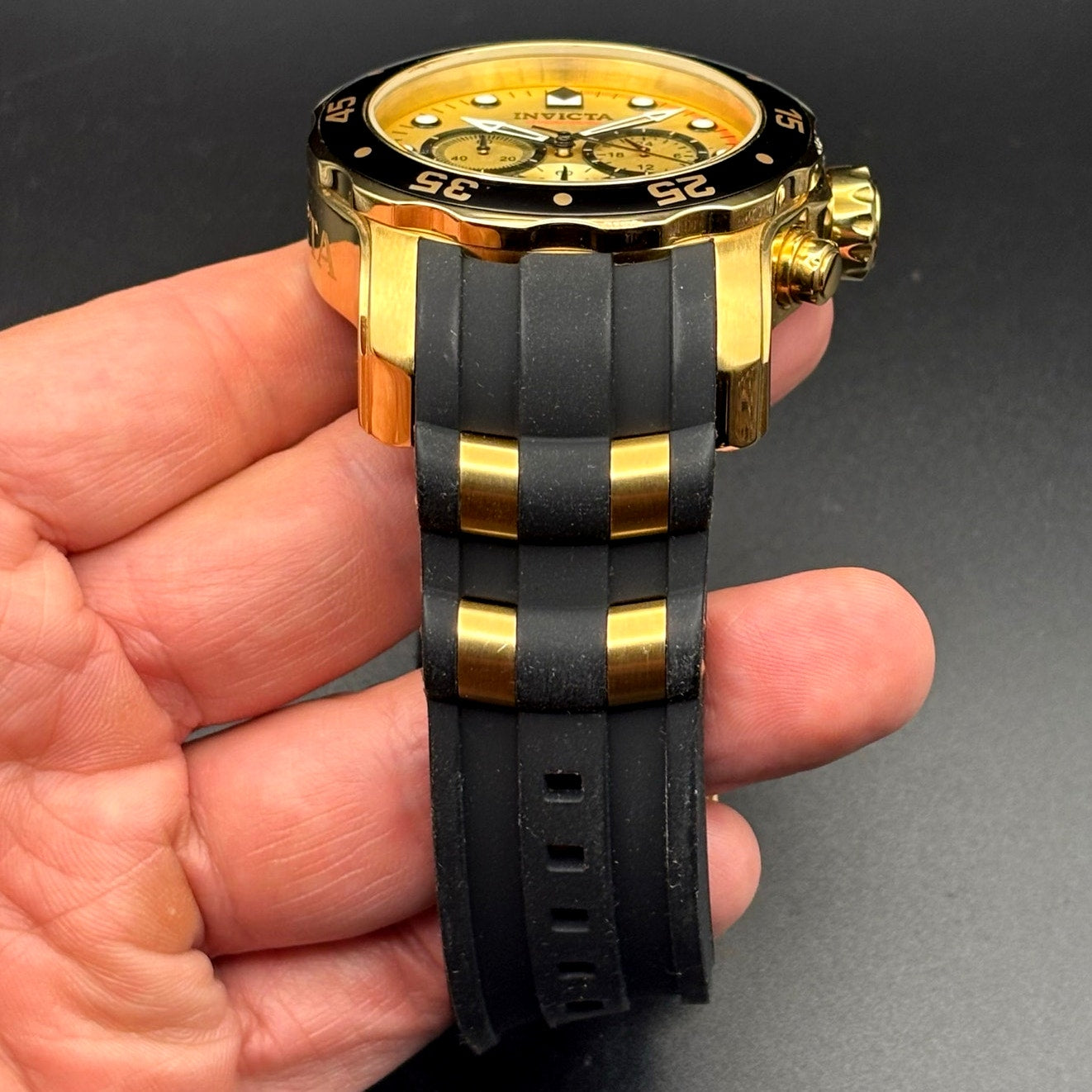 Invicta Pro Diver 17566 Men’s Chronograph Black & Gold Silicone Strap Watch NIB