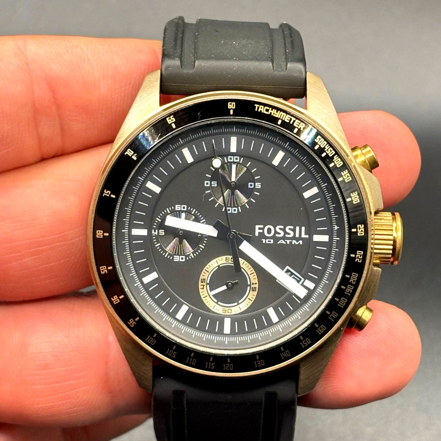 Fossil Decker DE-5003 Chronograph Black Dial Bronze Tone Silicone Strap Watch