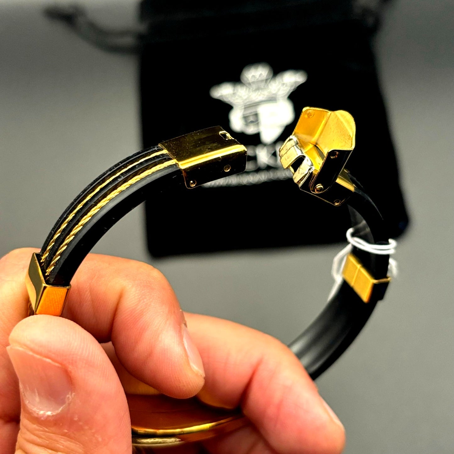 Blackjack BJB251G Mens Black Silicone Gold Stainless Steel Wire Bangle Bracelet
