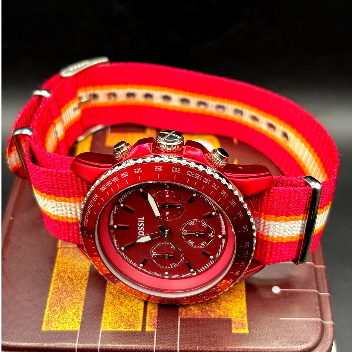 Fossil Stella CH2768 Red Chronograph 42mm Quartz NATO-Style Strap Women’s Watch